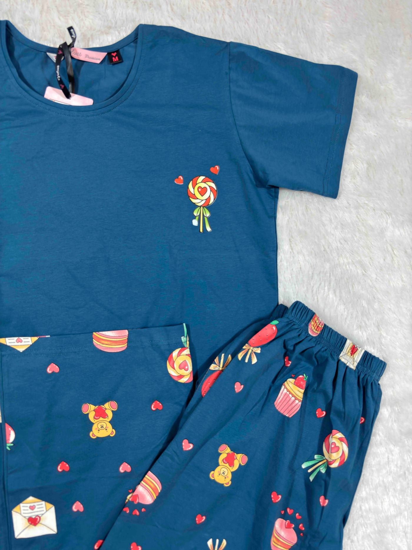 Velvet Nightsuit Tshirt Half Sleeves Full Length Printed S-2XL 07/06/26