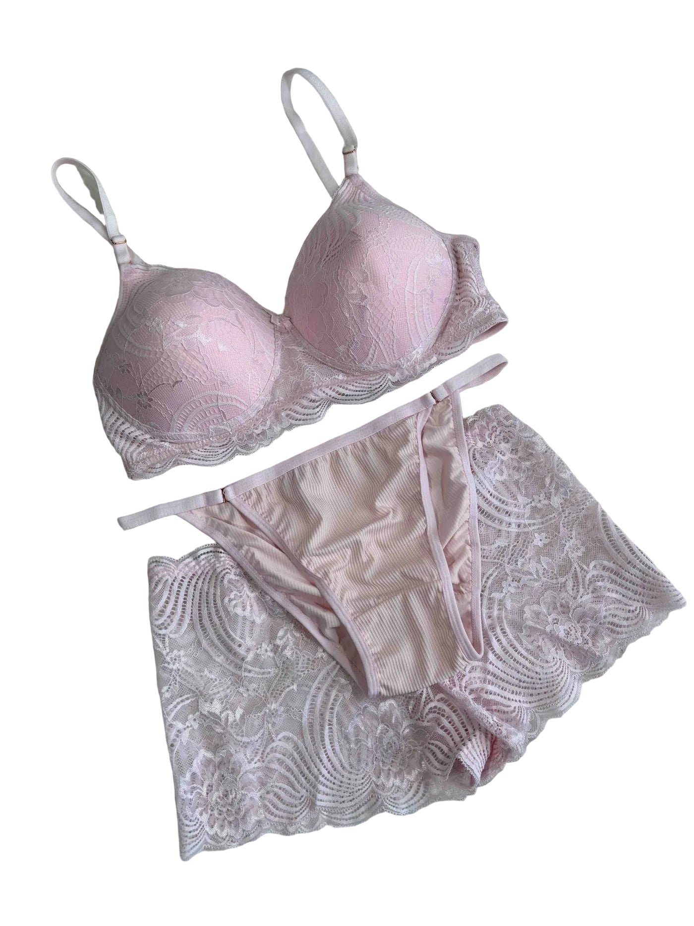 Scan Lingerie Pink Lacy Lingerie Set Full Coverage High Waist Padded Non Wired Solid 38/95 Meridian 30/08/25
