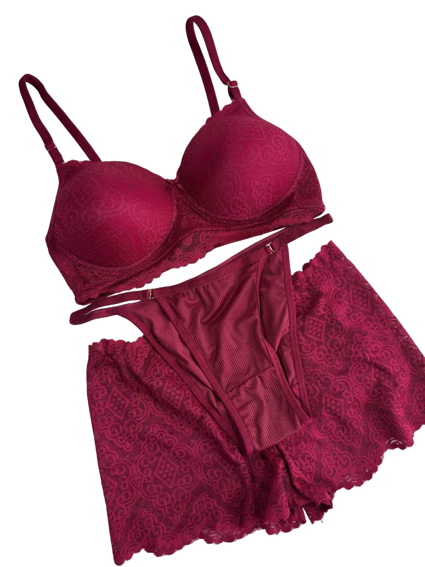 Scan Lingerie Maroon Lacy Lingerie Set Full Coverage High Waist Padded Non Wired Solid 34/85 Meridian 30/08/25